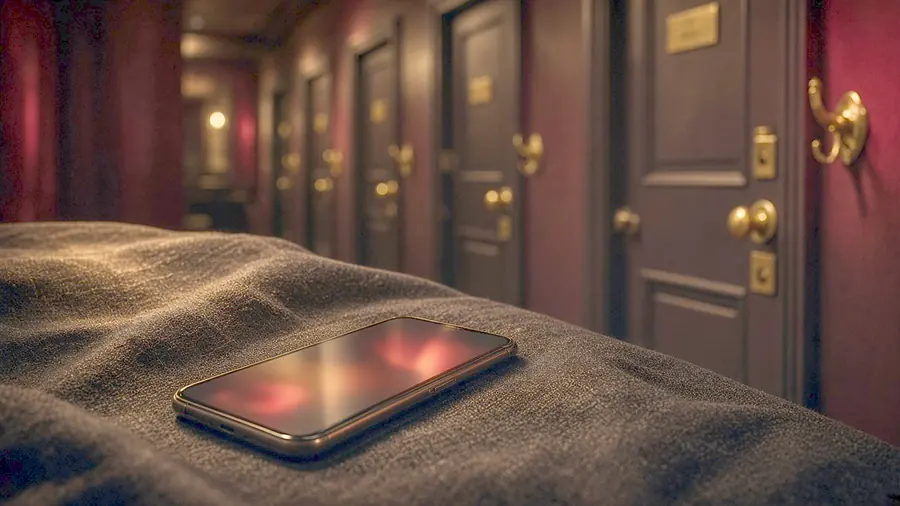 Adult massage near me - venue listing open on a phone beside draped silk and bare skin