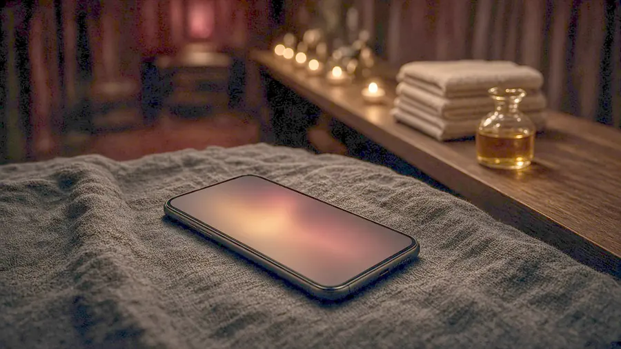 Full body massage near me - venue listing open on a phone beside draped silk and bare skin