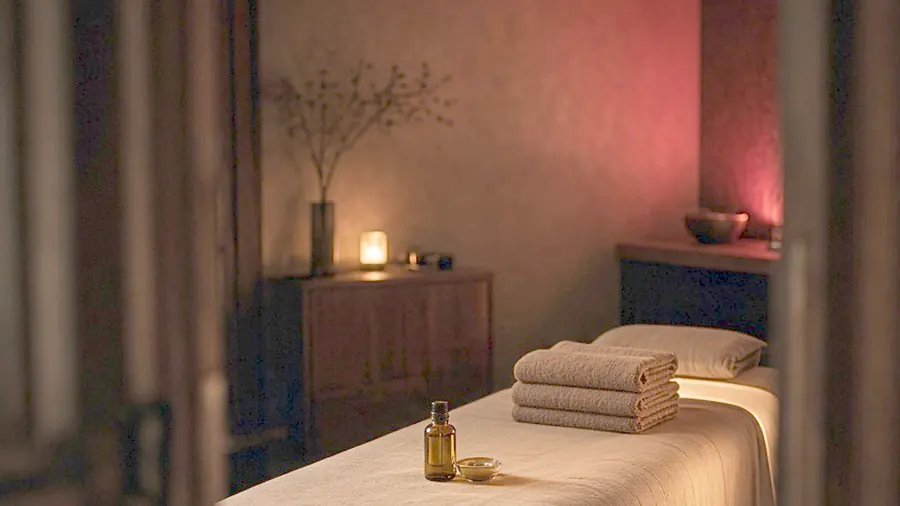 Full body massage near me - oiled bare back on a massage table in candlelight