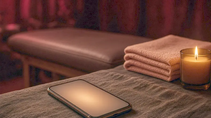 Happy ending massage near me - venue listing open on a phone beside draped silk and bare skin