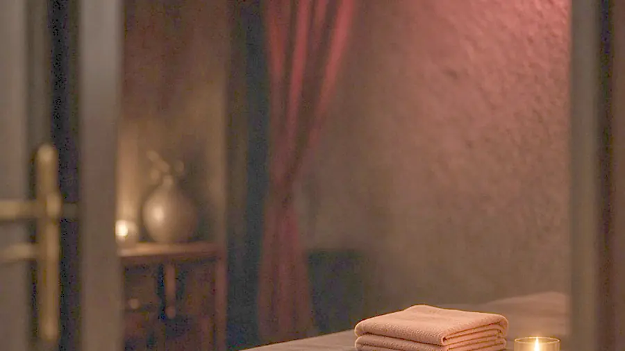 Happy ending massage near me - oiled bare back on a massage table in candlelight