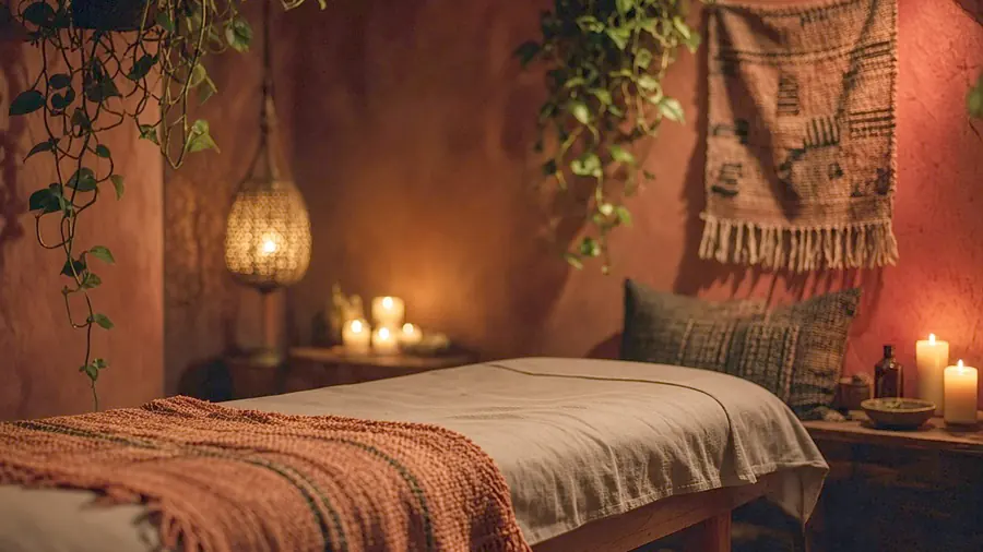 Latina massage near me - a candlelit room and a body oiled for a session
