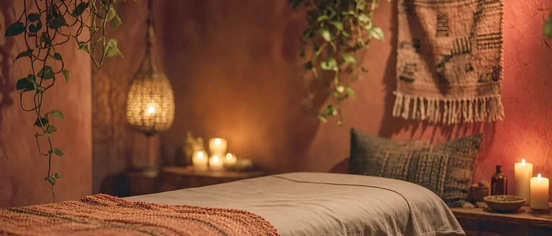 Latina massage near me - a candlelit room and a body oiled for a session