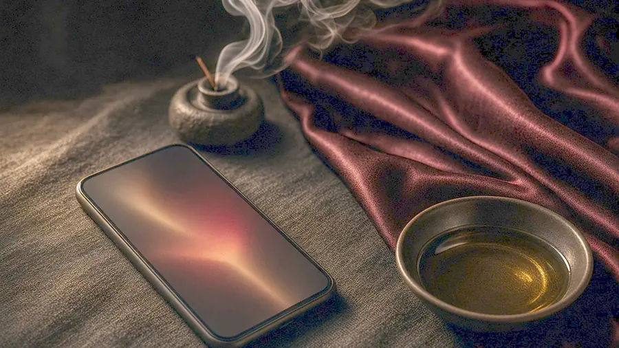 Lingam massage near me - venue listing open on a phone beside draped silk and bare skin