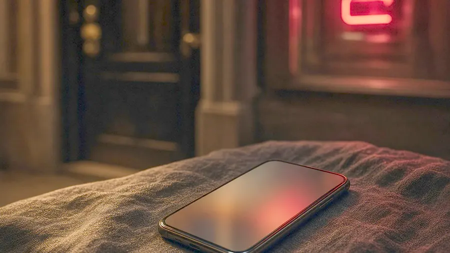 Massage parlour near me - venue listing open on a phone beside draped silk and bare skin