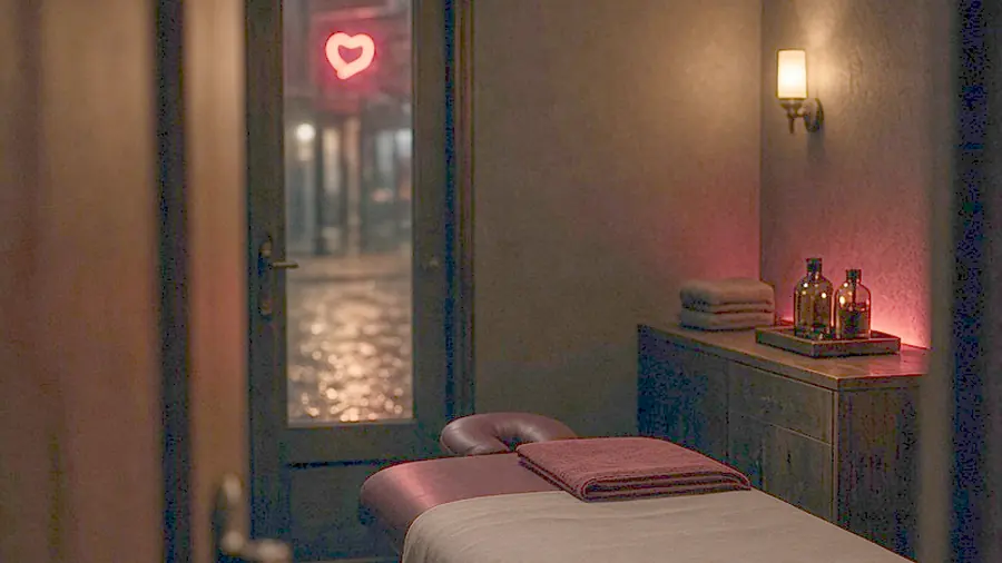Massage parlour near me - oiled bare back on a massage table in candlelight