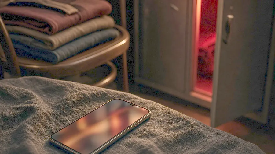 Naked massage near me - venue listing open on a phone beside draped silk and bare skin