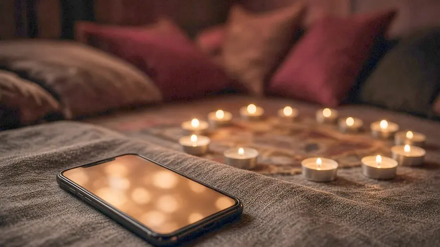 Tantric massage near me - venue listing open on a phone beside draped silk and bare skin