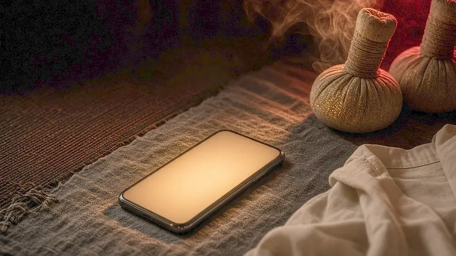 Thai massage near me - venue listing open on a phone beside draped silk and bare skin